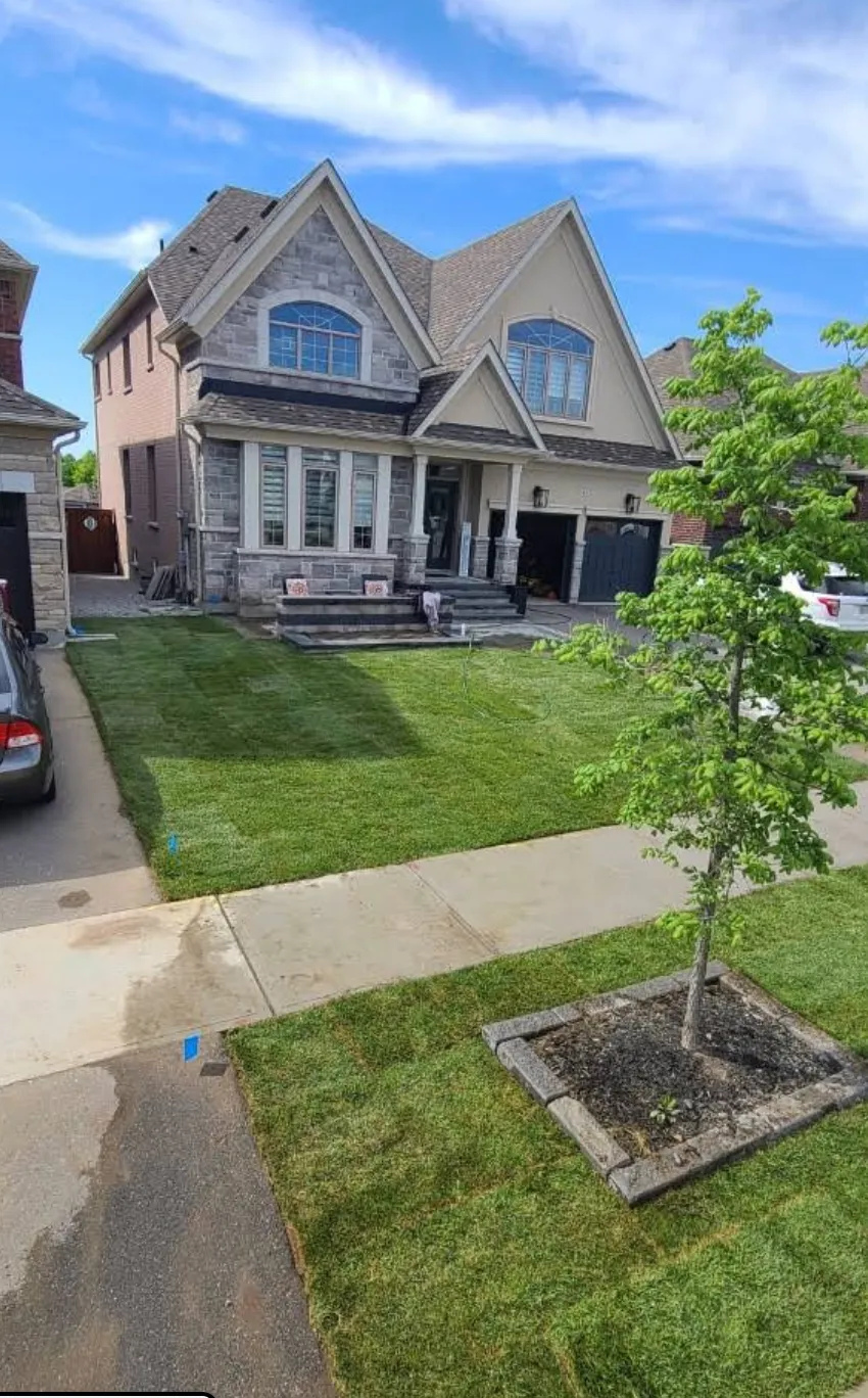 Large luxury home with perfectly installed front lawn sod by GTA Kentucky Sodding